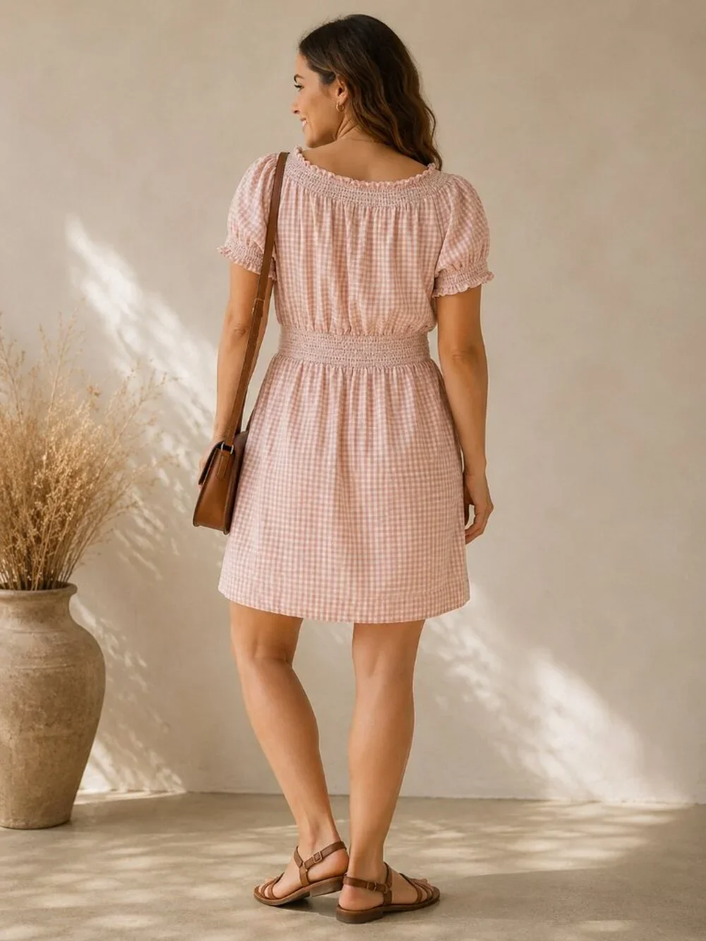 J.Crew Smocked Puff Sleeve Cotton Poplin Gingham Dress Pink XL